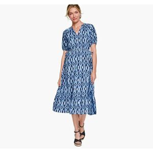 Ellen Tracey Puff Sleeve Side Tie Boho Blue & White Midi Dress, size L